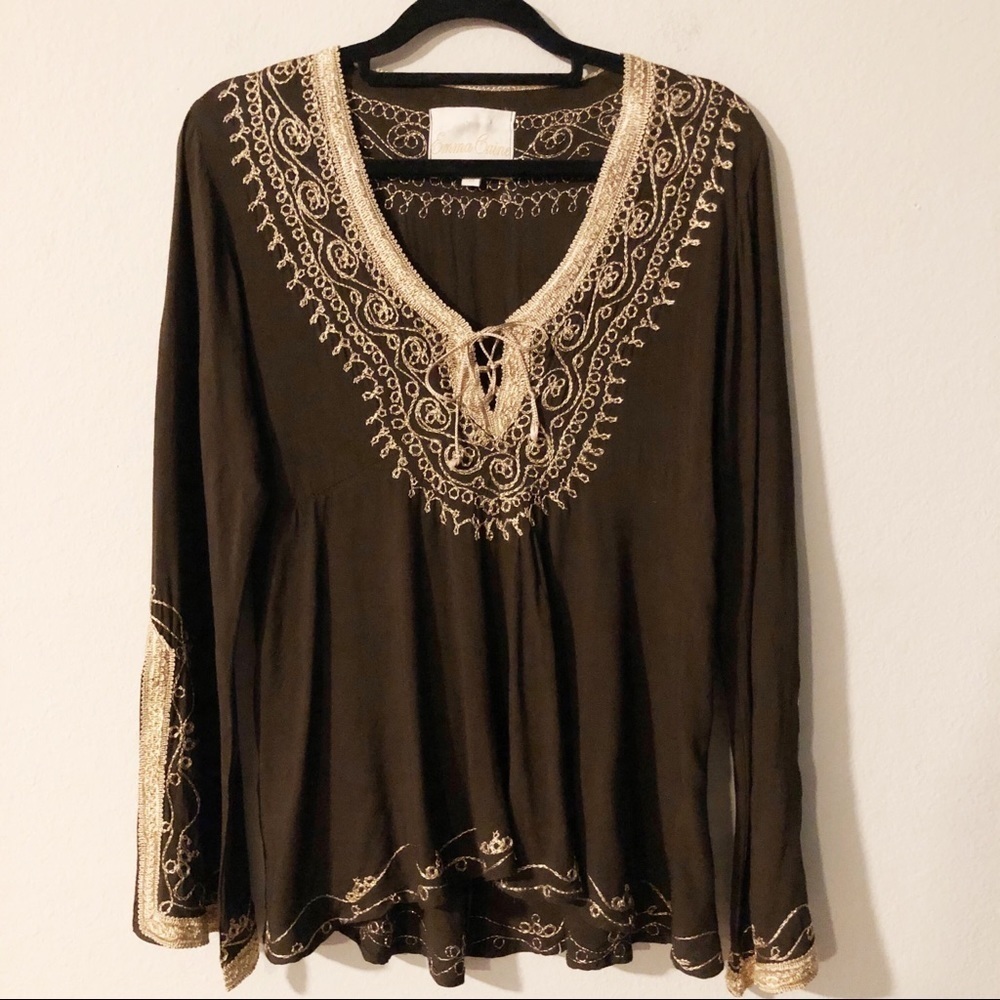 Emma Caine brown metallic gold trim tunic blouse